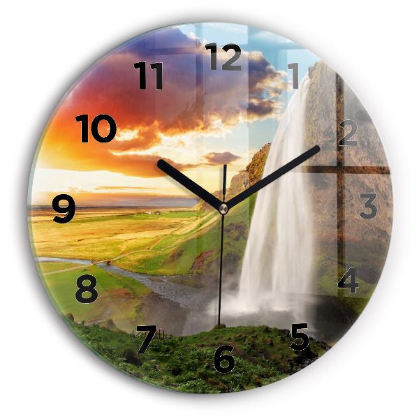 Round glass clock Waterfall in Iceland