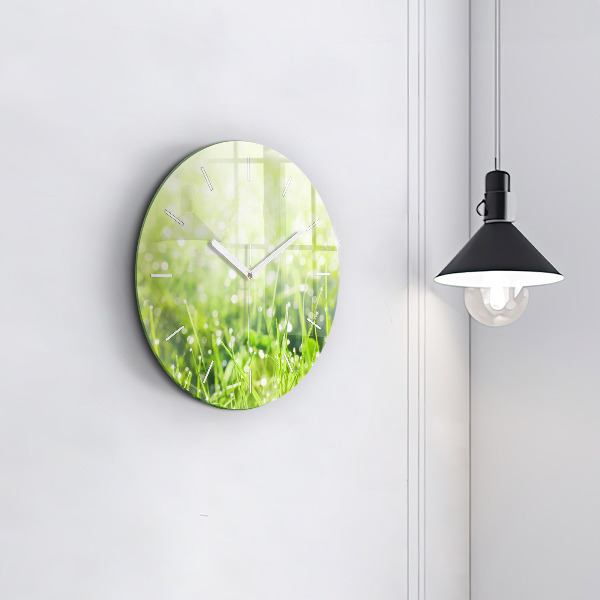 Round glass clock Green grass