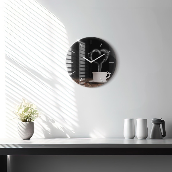 Round glass clock A cup of hot coffee