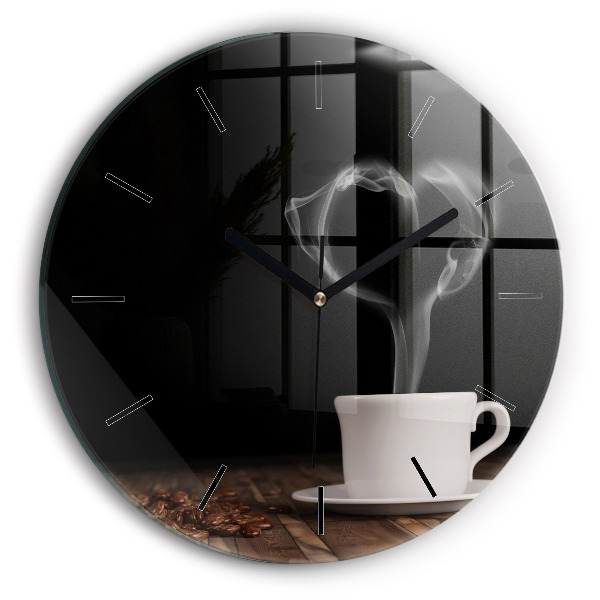 Round glass clock A cup of hot coffee