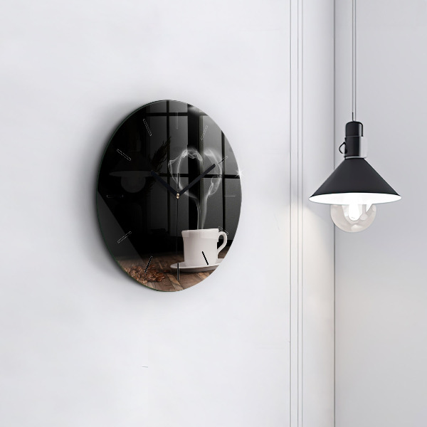 Round glass clock A cup of hot coffee