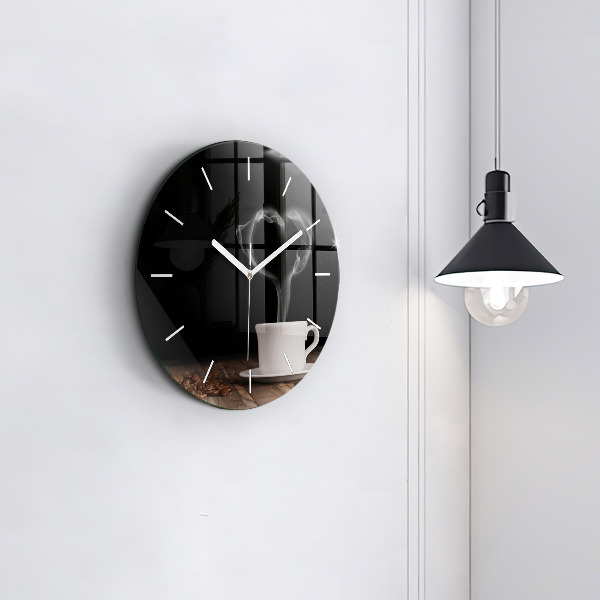 Round glass clock A cup of hot coffee