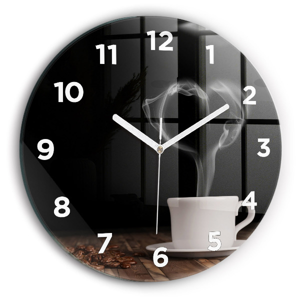 Round glass clock A cup of hot coffee