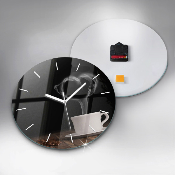 Round glass clock A cup of hot coffee