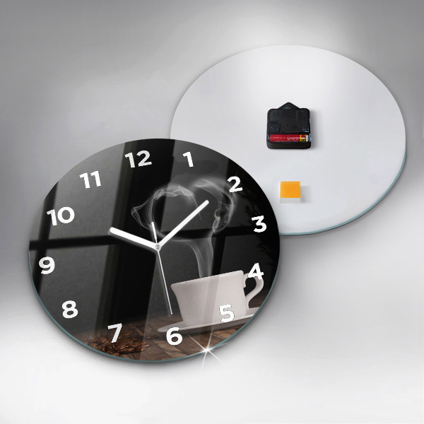 Round glass clock A cup of hot coffee