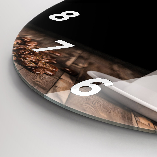 Round glass clock A cup of hot coffee