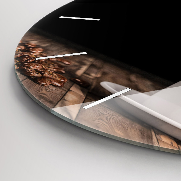 Round glass clock A cup of hot coffee