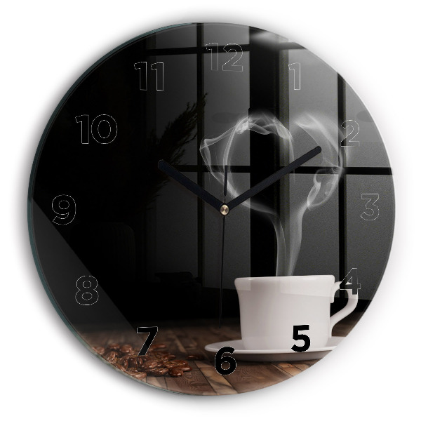 Round glass clock A cup of hot coffee