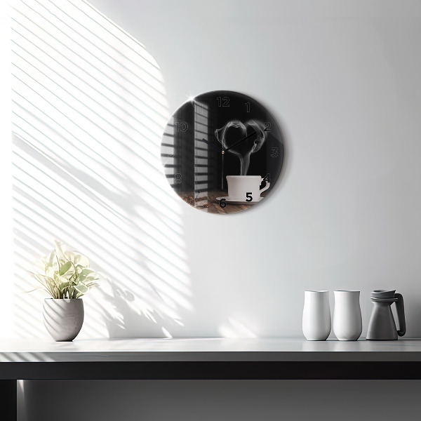 Round glass clock A cup of hot coffee