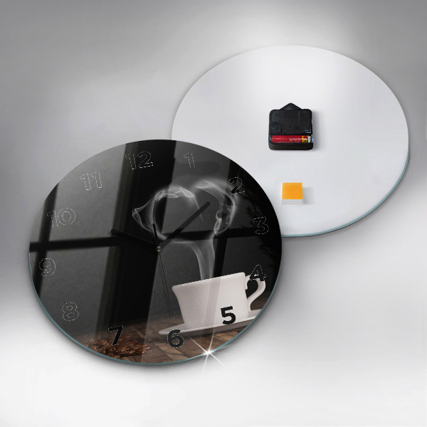 Round glass clock A cup of hot coffee