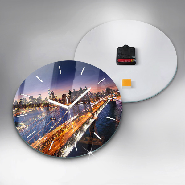 Round glass clock New York and the sunset