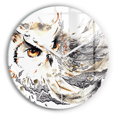 Round glass clock Owl symbol of wisdom