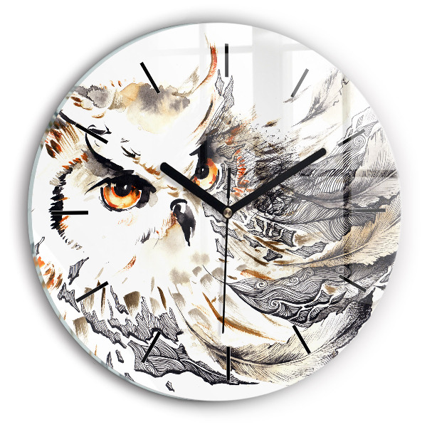 Round glass clock Owl symbol of wisdom