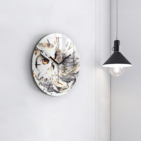 Round glass clock Owl symbol of wisdom