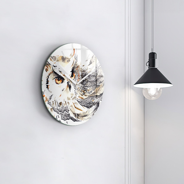 Round glass clock Owl symbol of wisdom