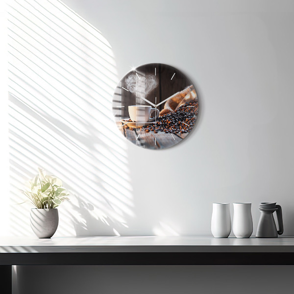 Round glass clock A cup of coffee