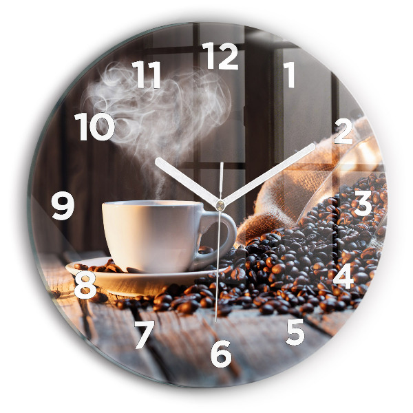 Round glass clock A cup of coffee