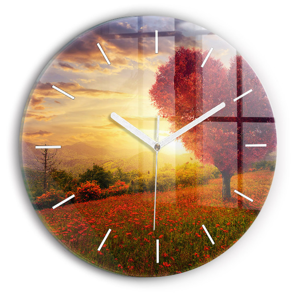 Round glass clock Love Heart Tree