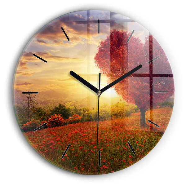Round glass clock Love Heart Tree