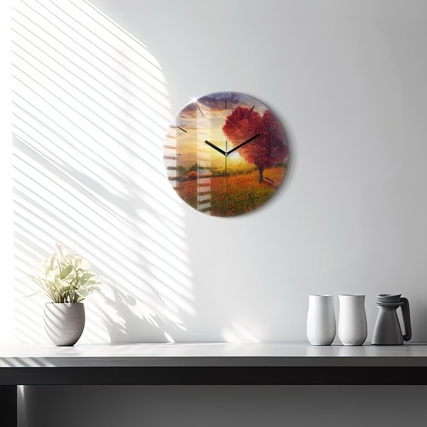 Round glass clock Love Heart Tree