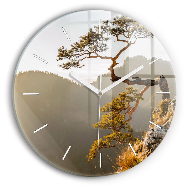 Round glass clock A tree in the mountains