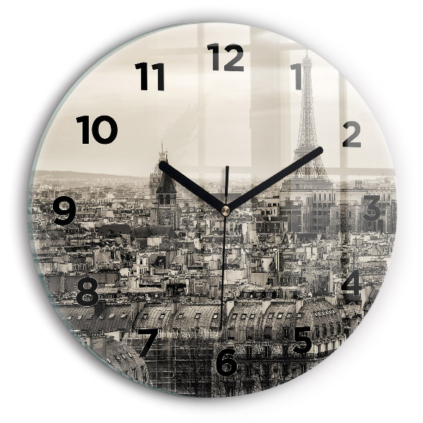 Round glass clock Panorama of Paris