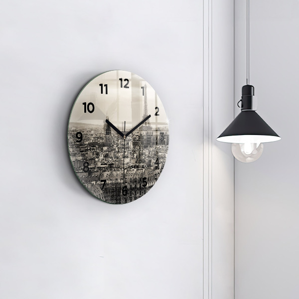 Round glass clock Panorama of Paris