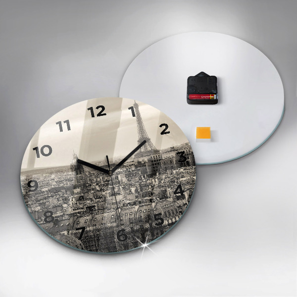 Round glass clock Panorama of Paris