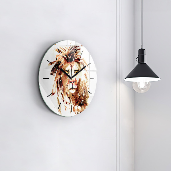 Round glass clock Illustration of a brown lion