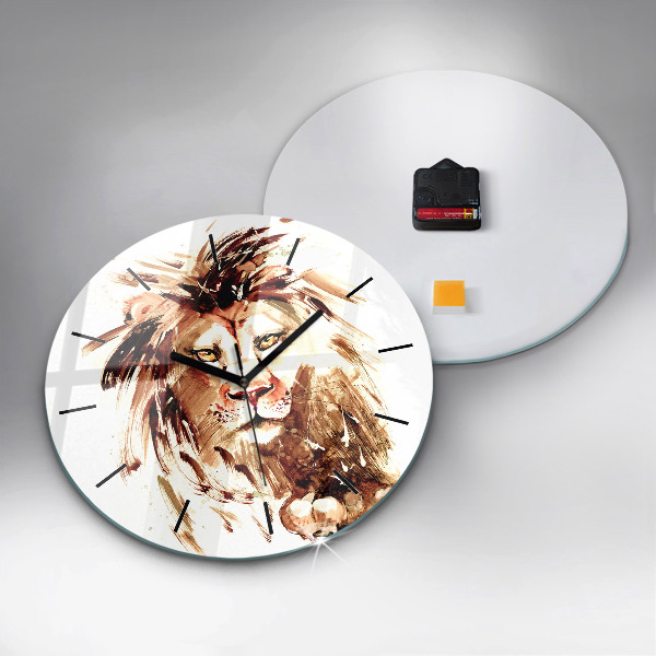 Round glass clock Illustration of a brown lion