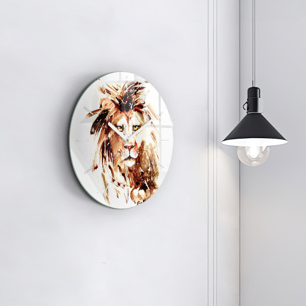 Round glass clock Illustration of a brown lion