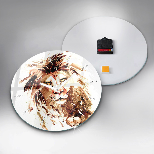Round glass clock Illustration of a brown lion