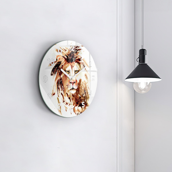 Round glass clock Illustration of a brown lion