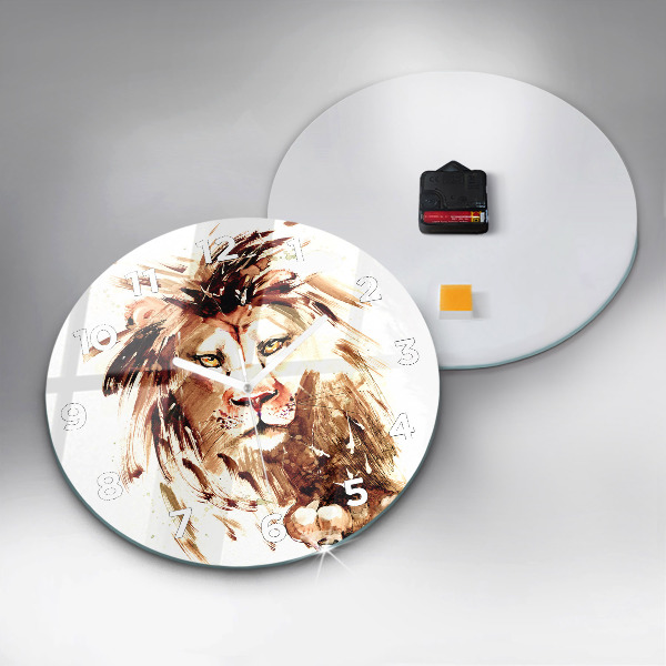 Round glass clock Illustration of a brown lion