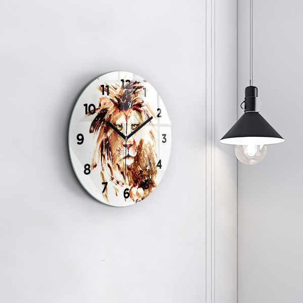 Round glass clock Illustration of a brown lion
