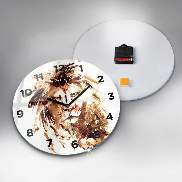 Round glass clock Illustration of a brown lion