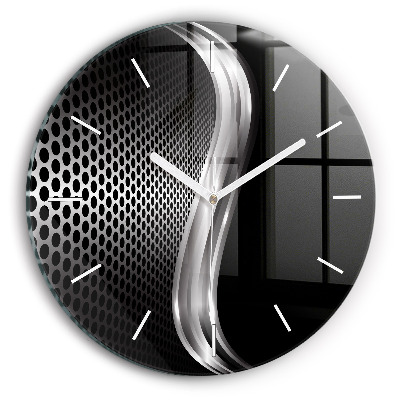 Round glass clock Black metal abstraction