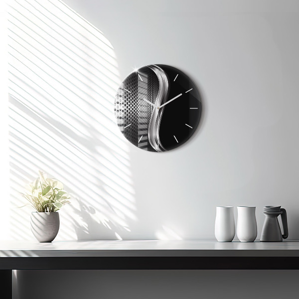 Round glass clock Black metal abstraction