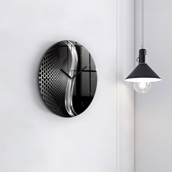 Round glass clock Black metal abstraction