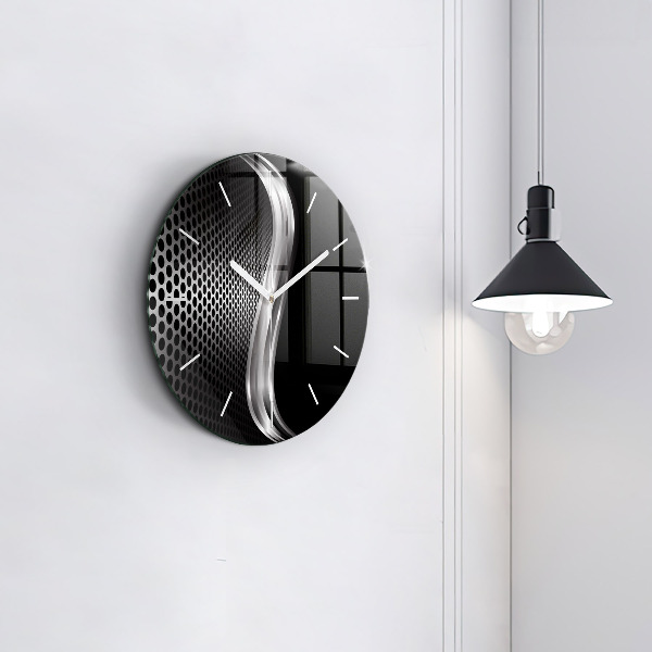 Round glass clock Black metal abstraction