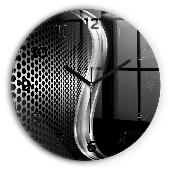 Round glass clock Black metal abstraction