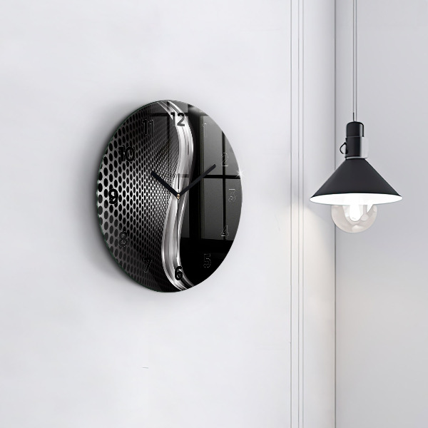 Round glass clock Black metal abstraction