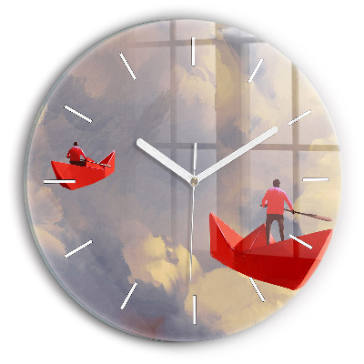 Round glass clock Paper ships