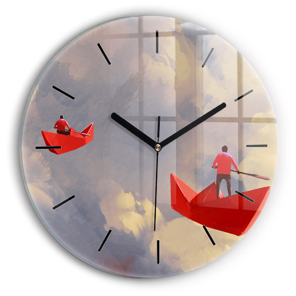 Round glass clock Paper ships