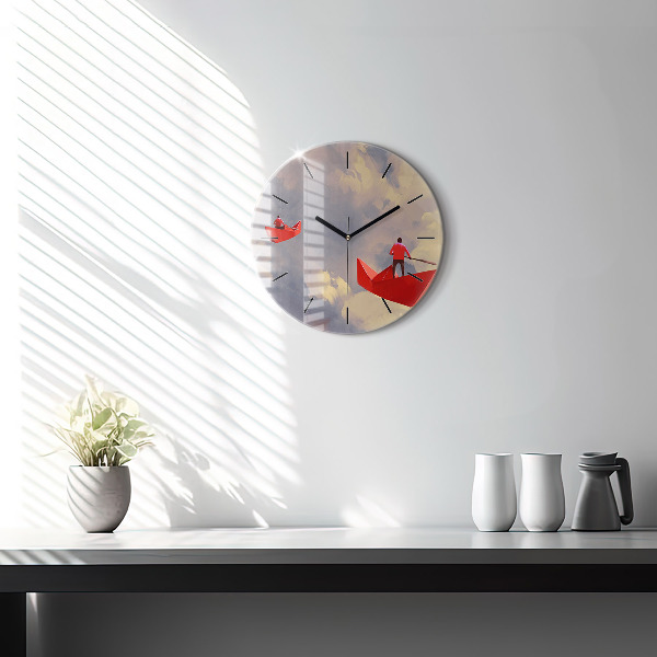Round glass clock Paper ships