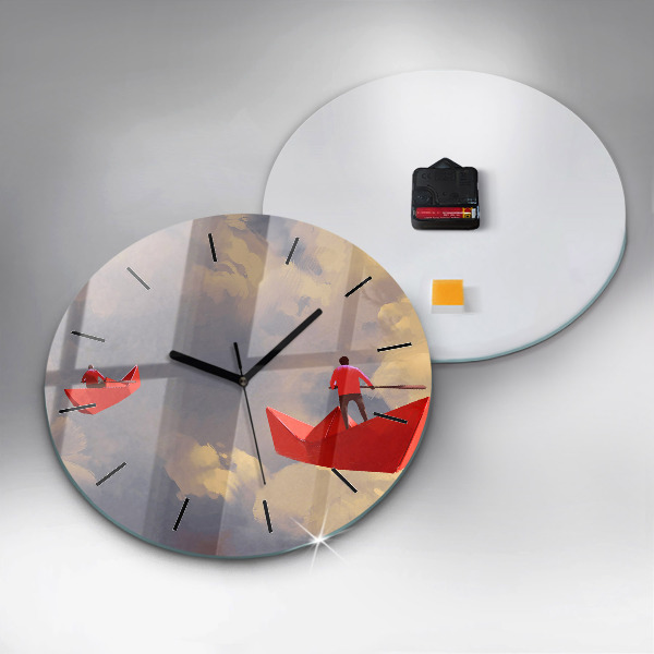Round glass clock Paper ships