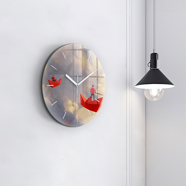 Round glass clock Paper ships