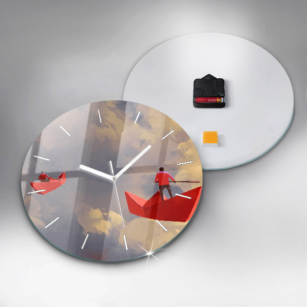 Round glass clock Paper ships