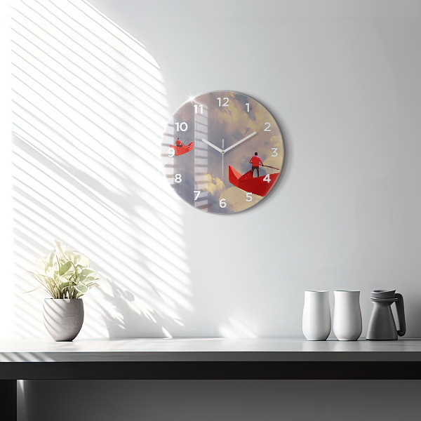 Round glass clock Paper ships