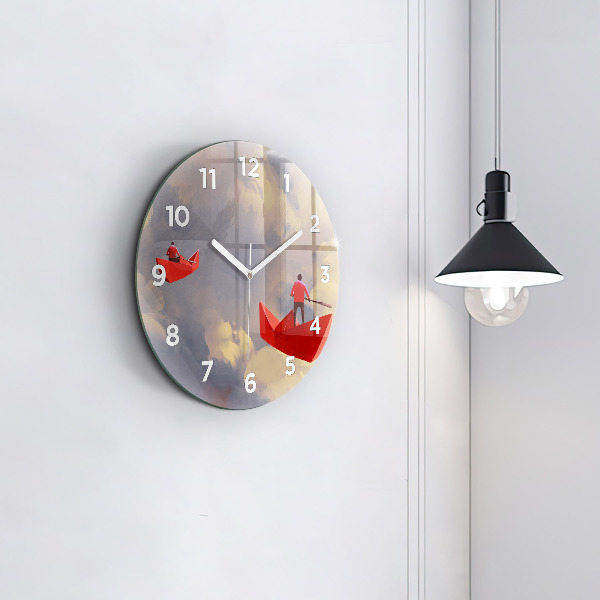 Round glass clock Paper ships